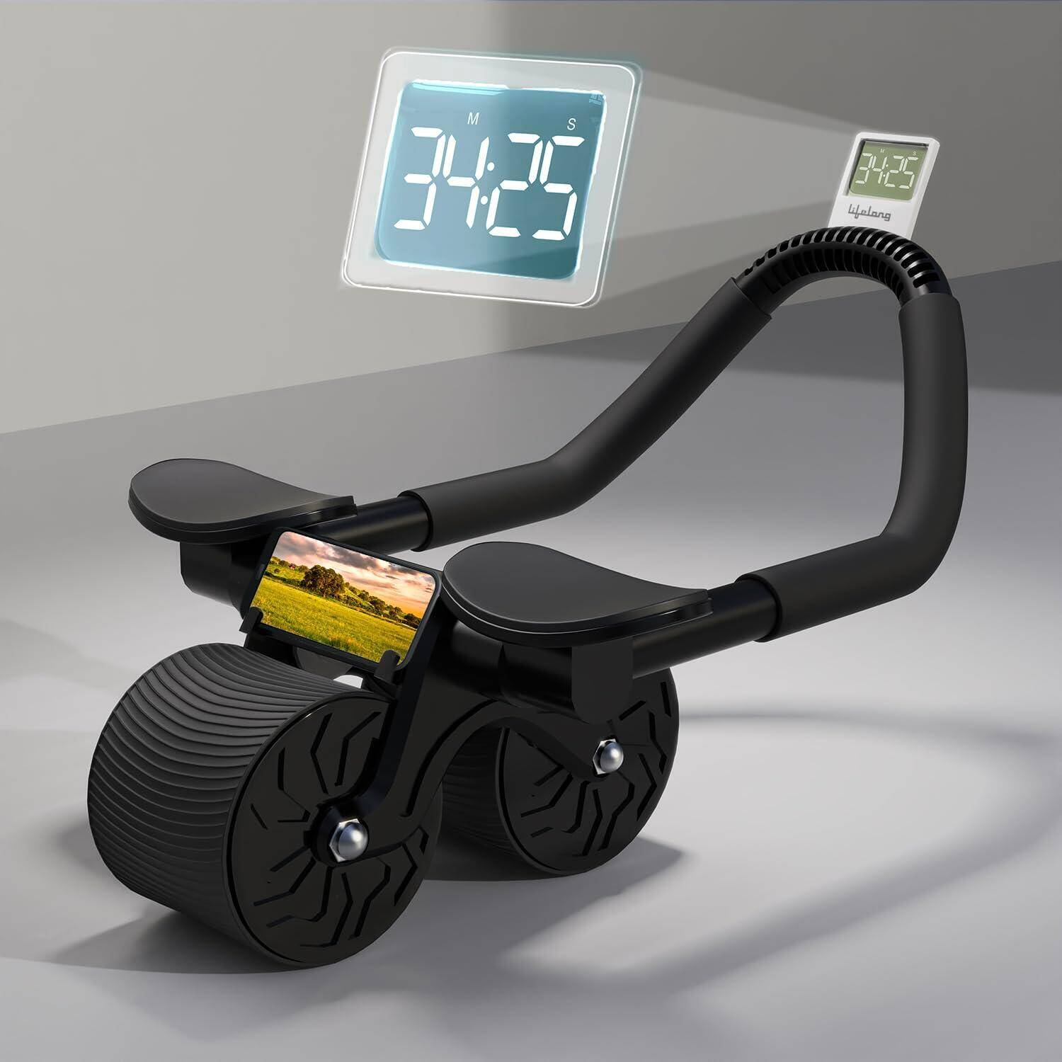 Lifelong LLAR03 Ab Roller with Automatic Rebound, Elbow Support, Timer & Mobile Holder, Dual Non-Slip Wheels, Professional Core Strength Training Ab Roller, Home Gym Core Trainer with Knee Pad – Black -  1