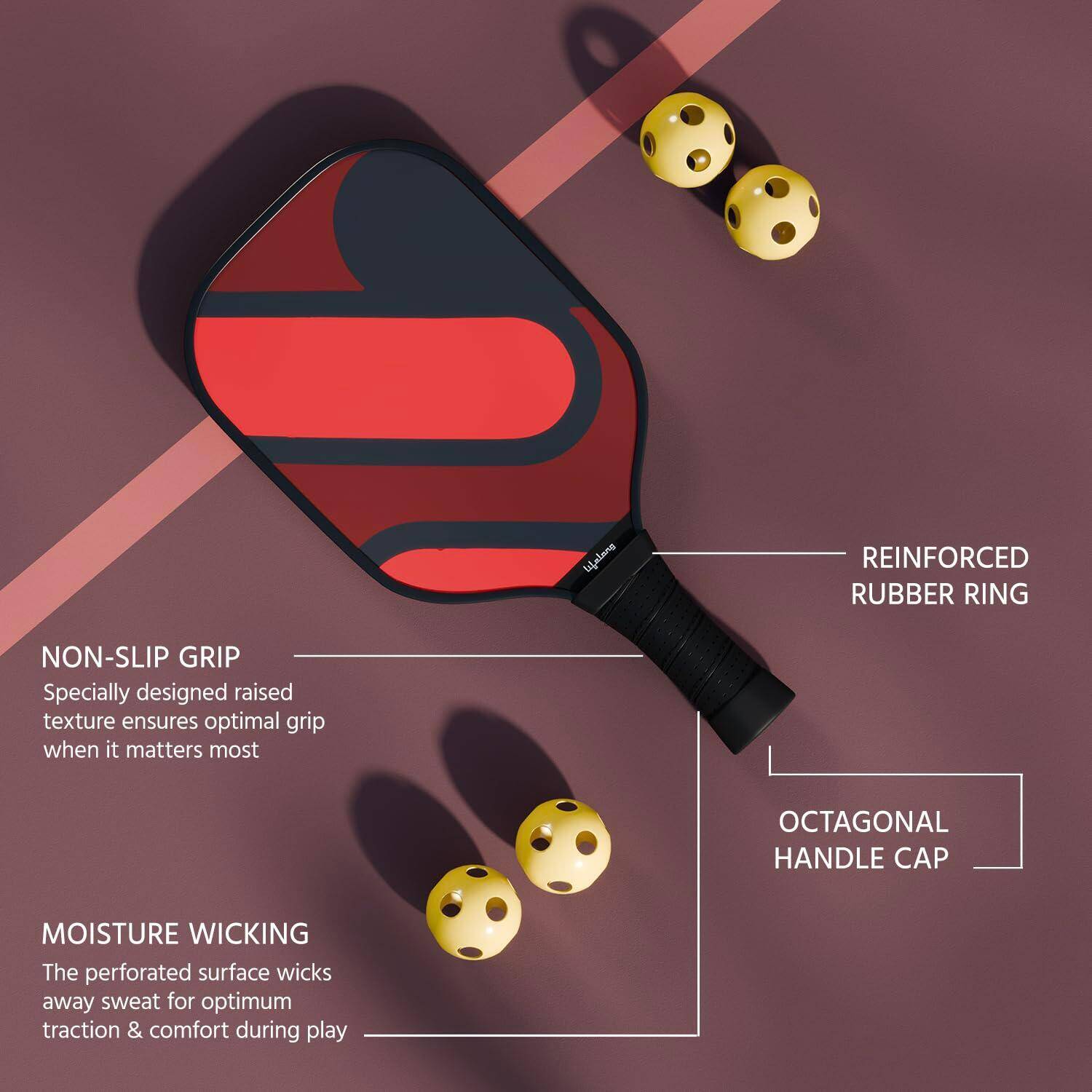 Lifelong Pickleball Paddle | Carbon Fiber T700 Surface | 19 Mm Thickness | 2 Pickleball Balls & Paddle Cover Bag | Cushion Comfort Handle Grip | Durable | Outdoor Game for Kids & Adults, Multicolor -  3