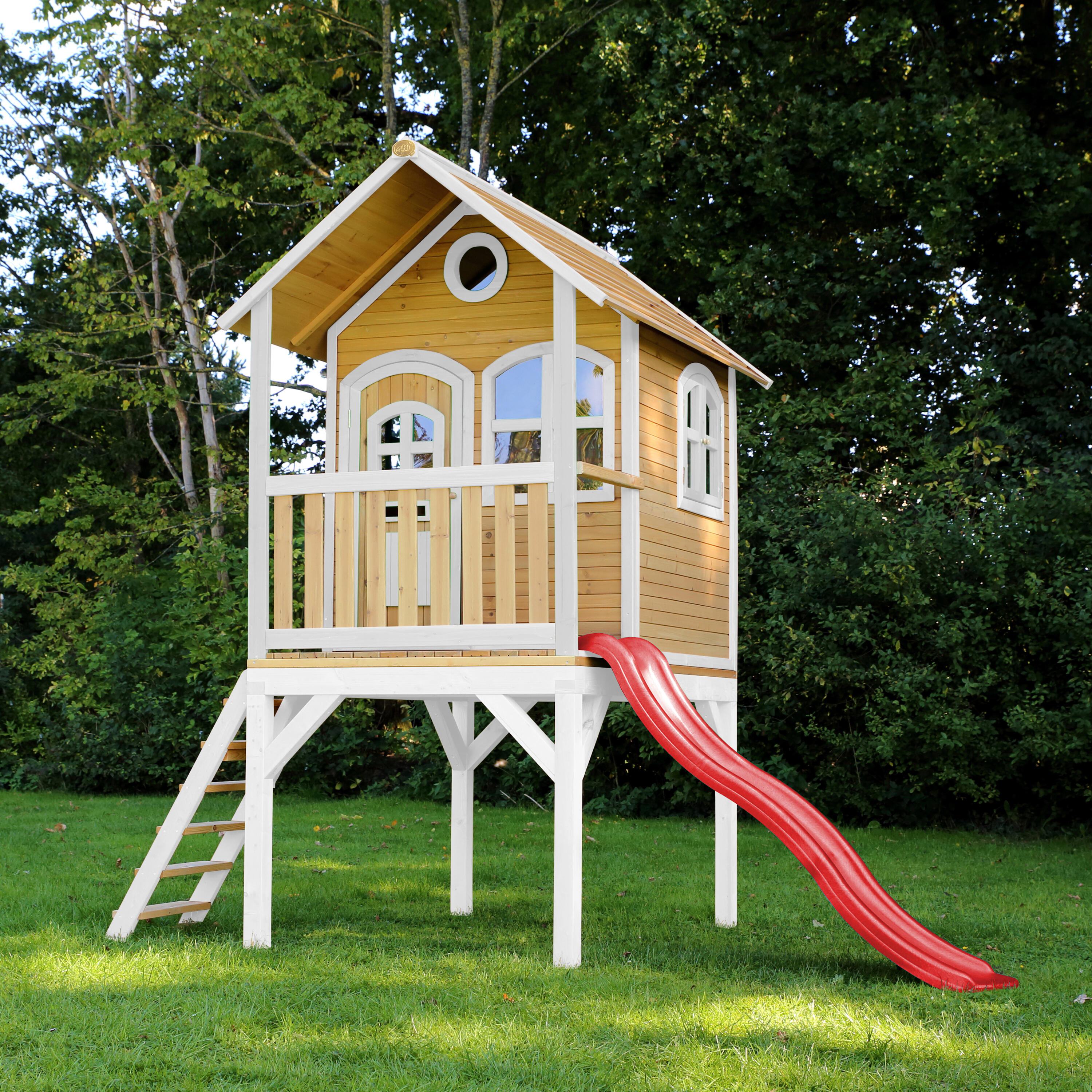 Maisonnette de jardin Laura Marron/Blanche - Toboggan Rouge 2/7