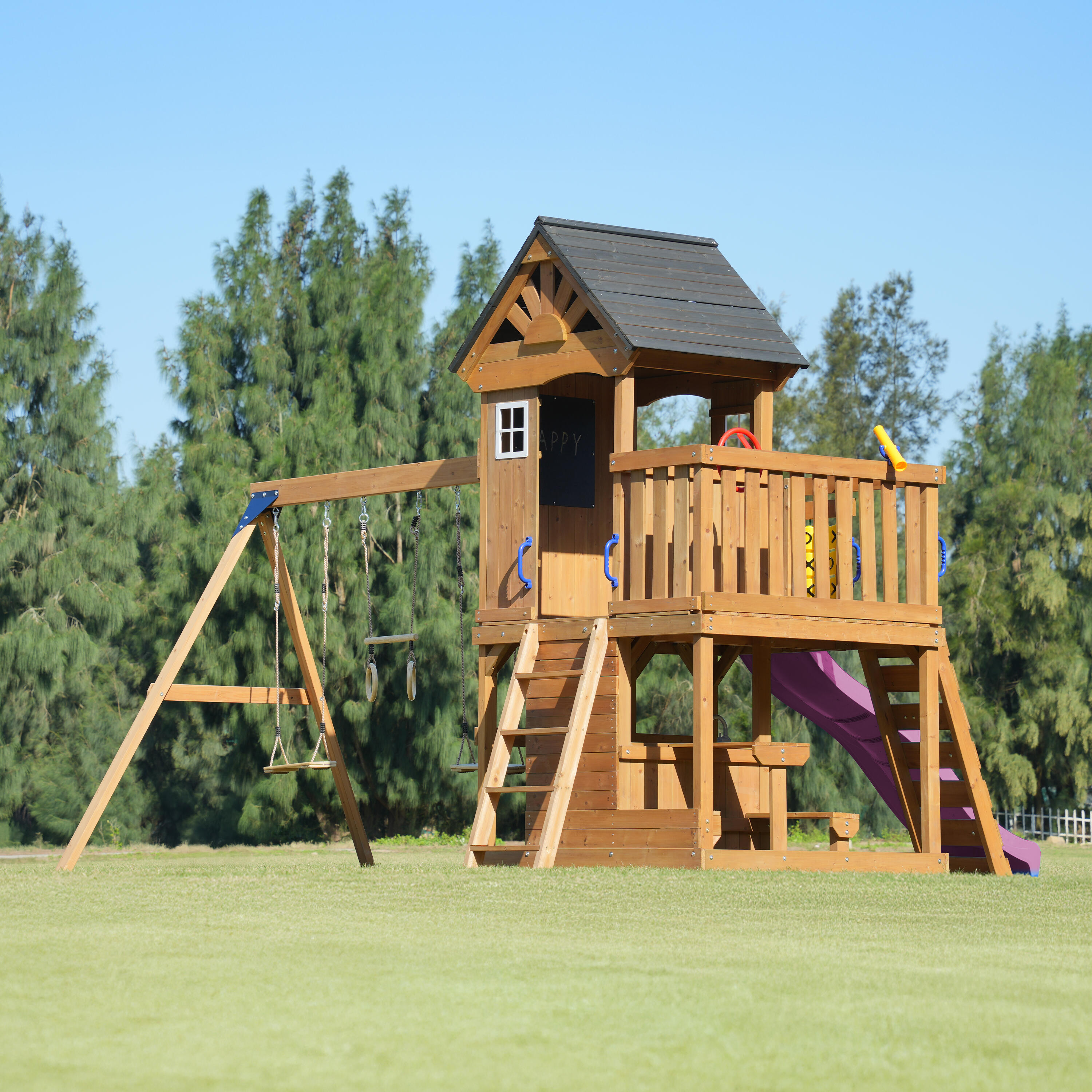 Parque Infantil Jack con columpio doble y trapecio marrón - tobogán violeta 7/7
