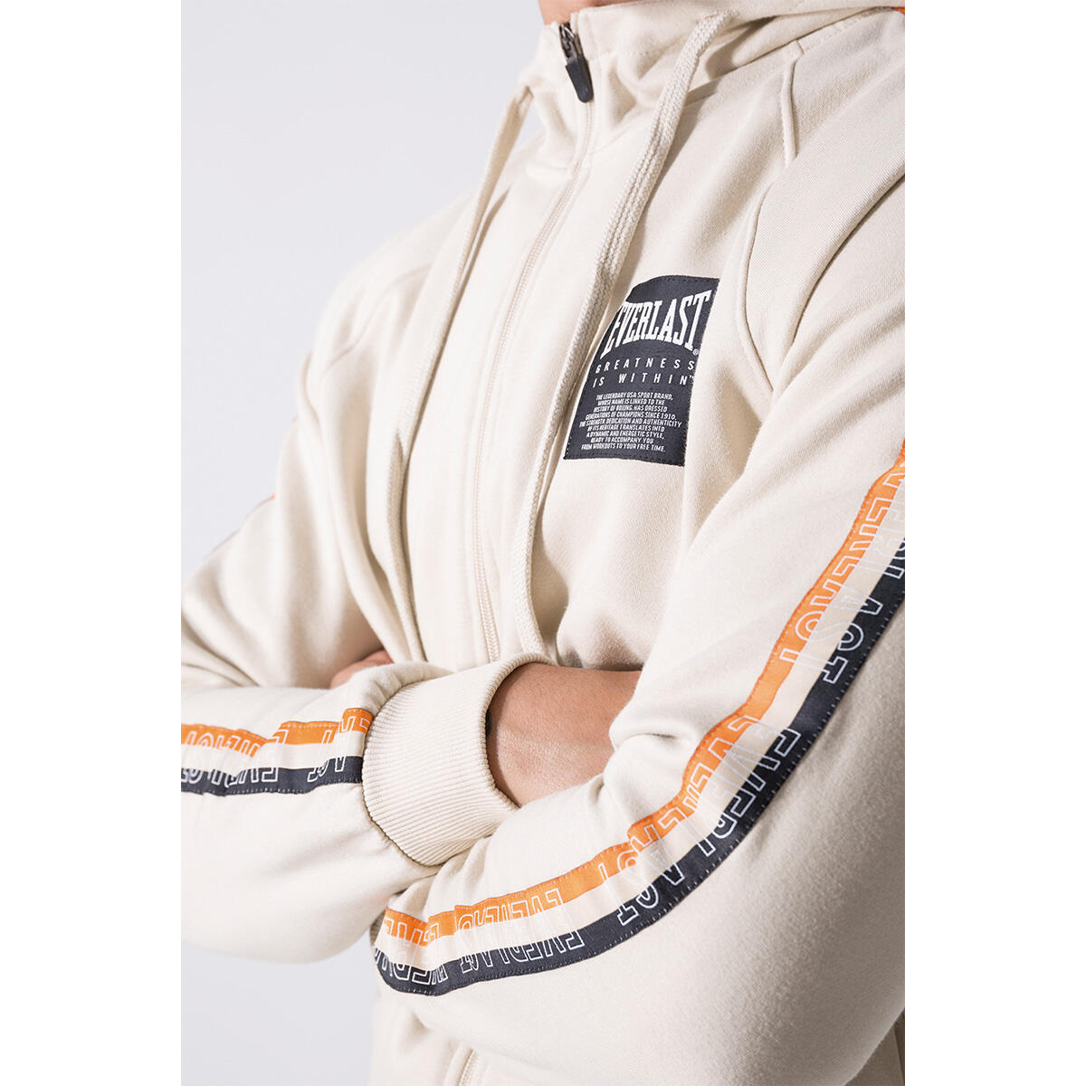 CHAQUETA HOMBRE NEUTRA CREMALLERA COMPLETA CON CAPUCHA Y CINTA TRICOLOR EVERLAST 4/4