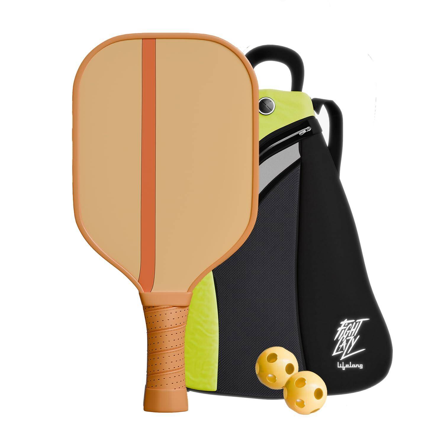 Lifelong Professional Pickleball Paddle| Fiberglass Surface,2 Pickle Ball Balls & Paddle Cover Bag |Cushion Comfort Handle Grip Durable Pickleball Paddle Set| for Kids & Adults,Brown & Beige -  1