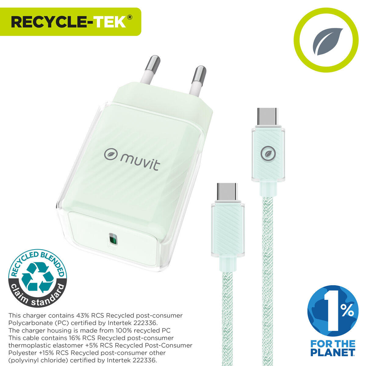 Cargador de Pared + Cable USB-C MUVIT FOR CHANGE  Glass GaN Verde 3/3