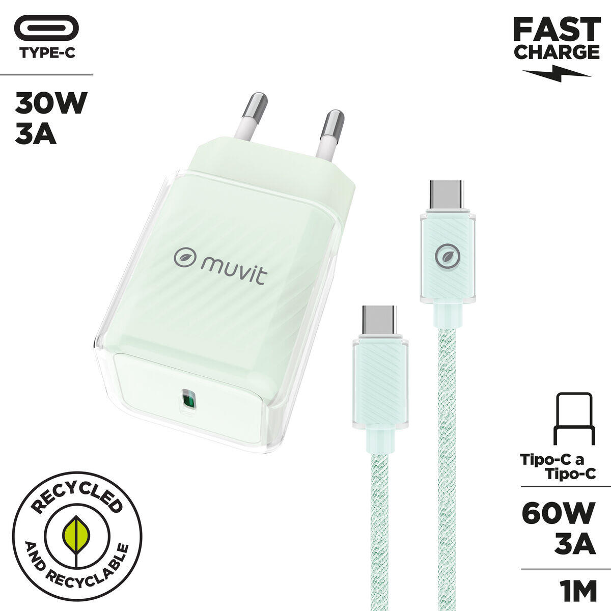 Cargador de Pared + Cable USB-C MUVIT FOR CHANGE  Glass GaN Verde 2/3