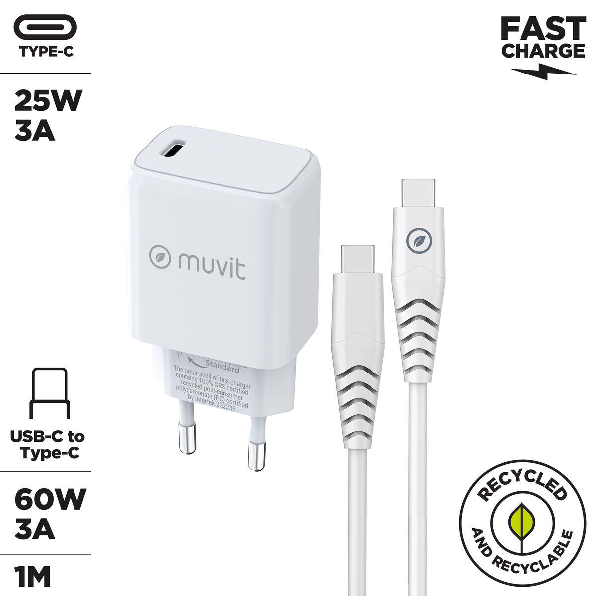 Cargador de Pared + Cable USB-C MUVIT FOR CHANGE MCPAK0100 Blanco 3/5