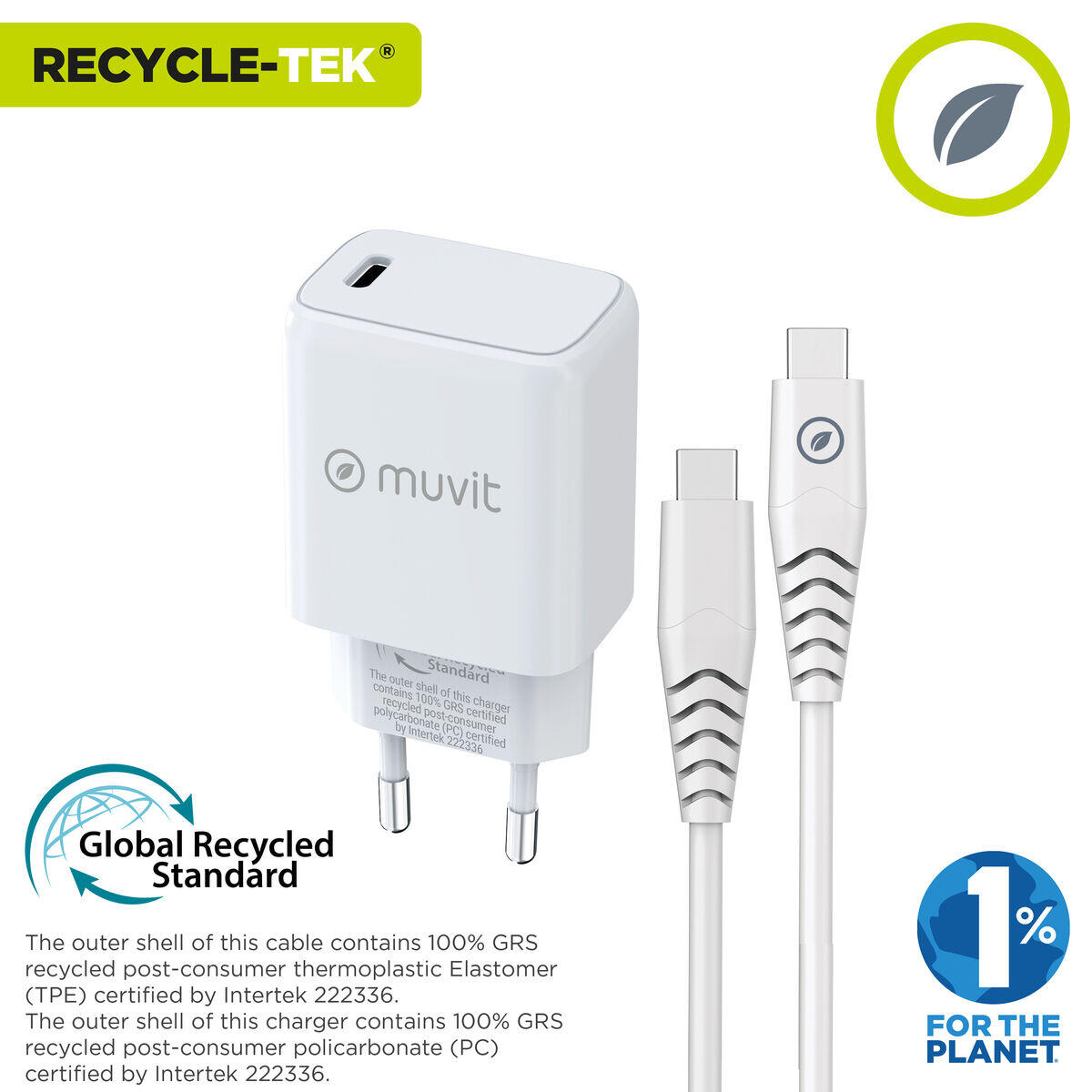 Cargador de Pared + Cable USB-C MUVIT FOR CHANGE MCPAK0100 Blanco 2/5