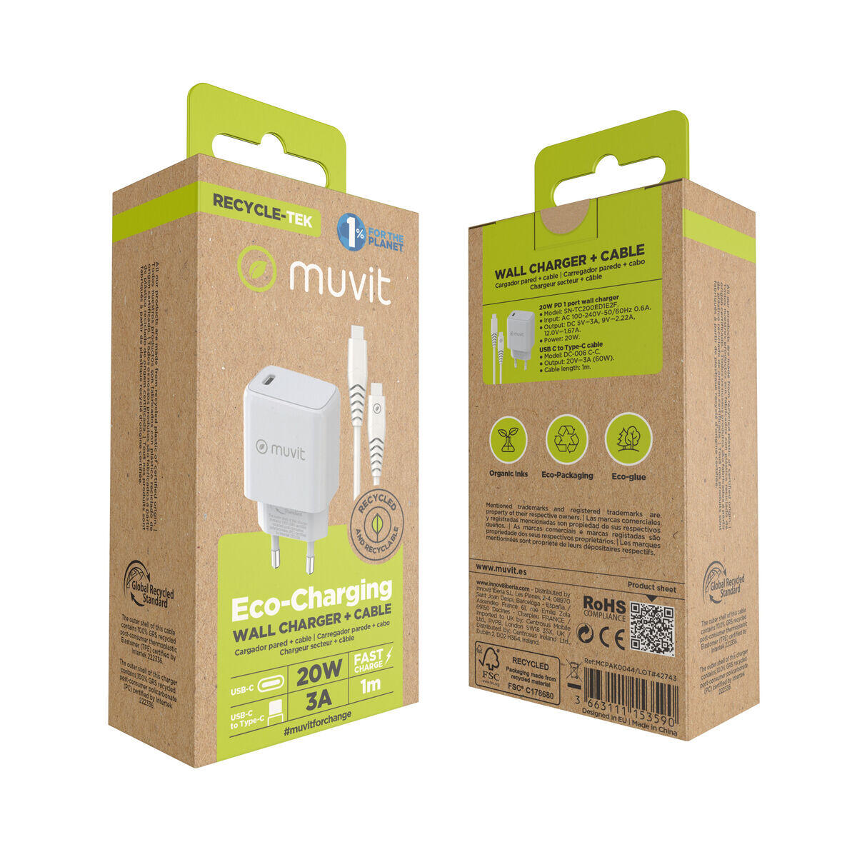 Cargador de Pared + Cable USB-C MUVIT FOR CHANGE MCPAK0100 Blanco 5/5