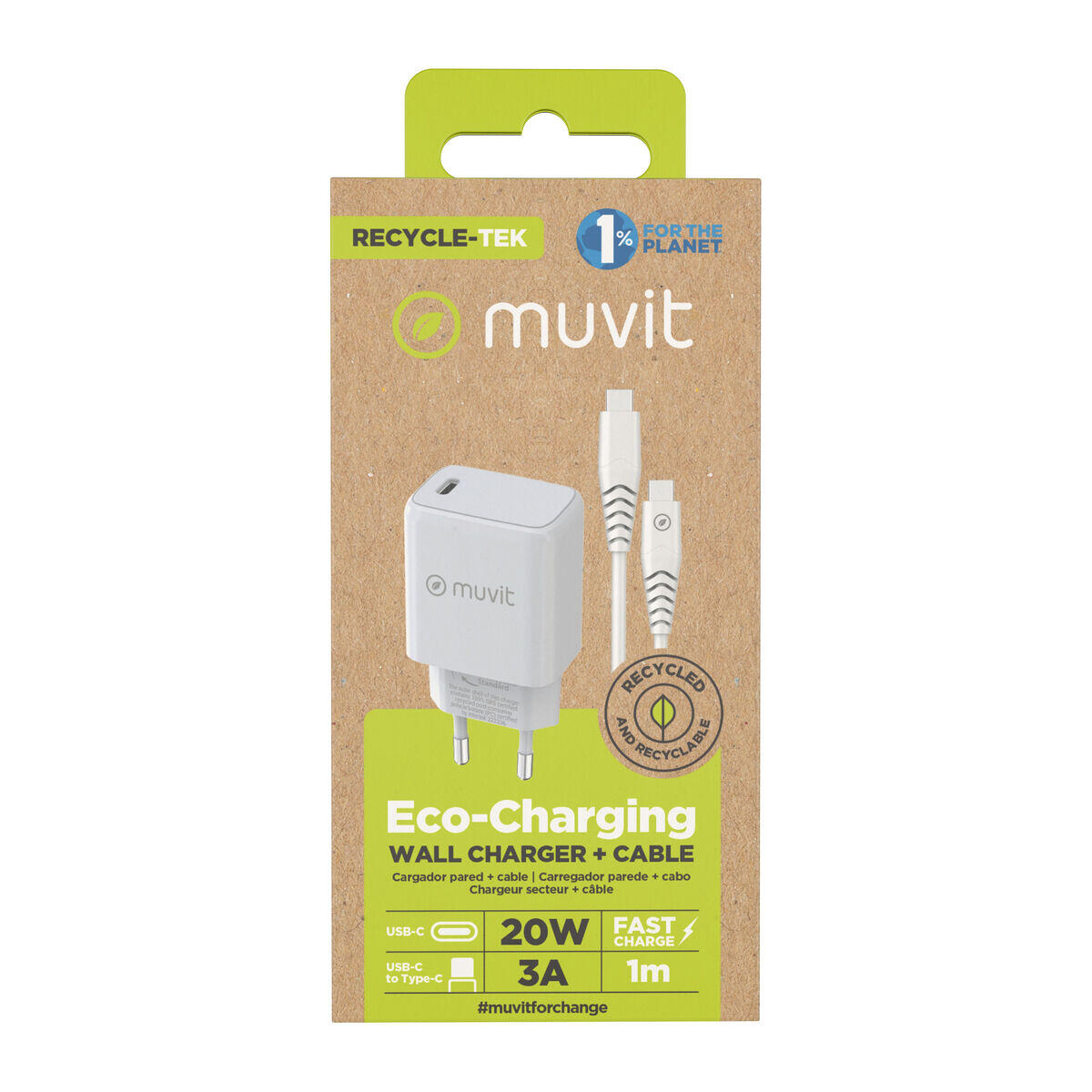 Cargador de Pared + Cable USB-C MUVIT FOR CHANGE MCPAK0100 Blanco 4/5