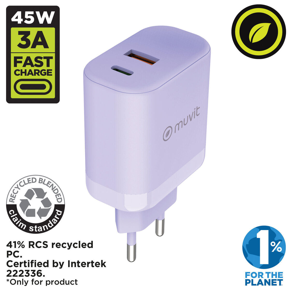 Cargador de Pared MUVIT FOR CHANGE WCEU24-45-AC Lavanda 2/5