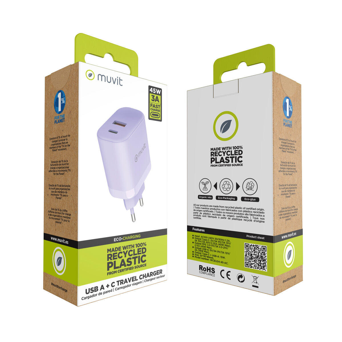 Cargador de Pared MUVIT FOR CHANGE WCEU24-45-AC Lavanda 5/5