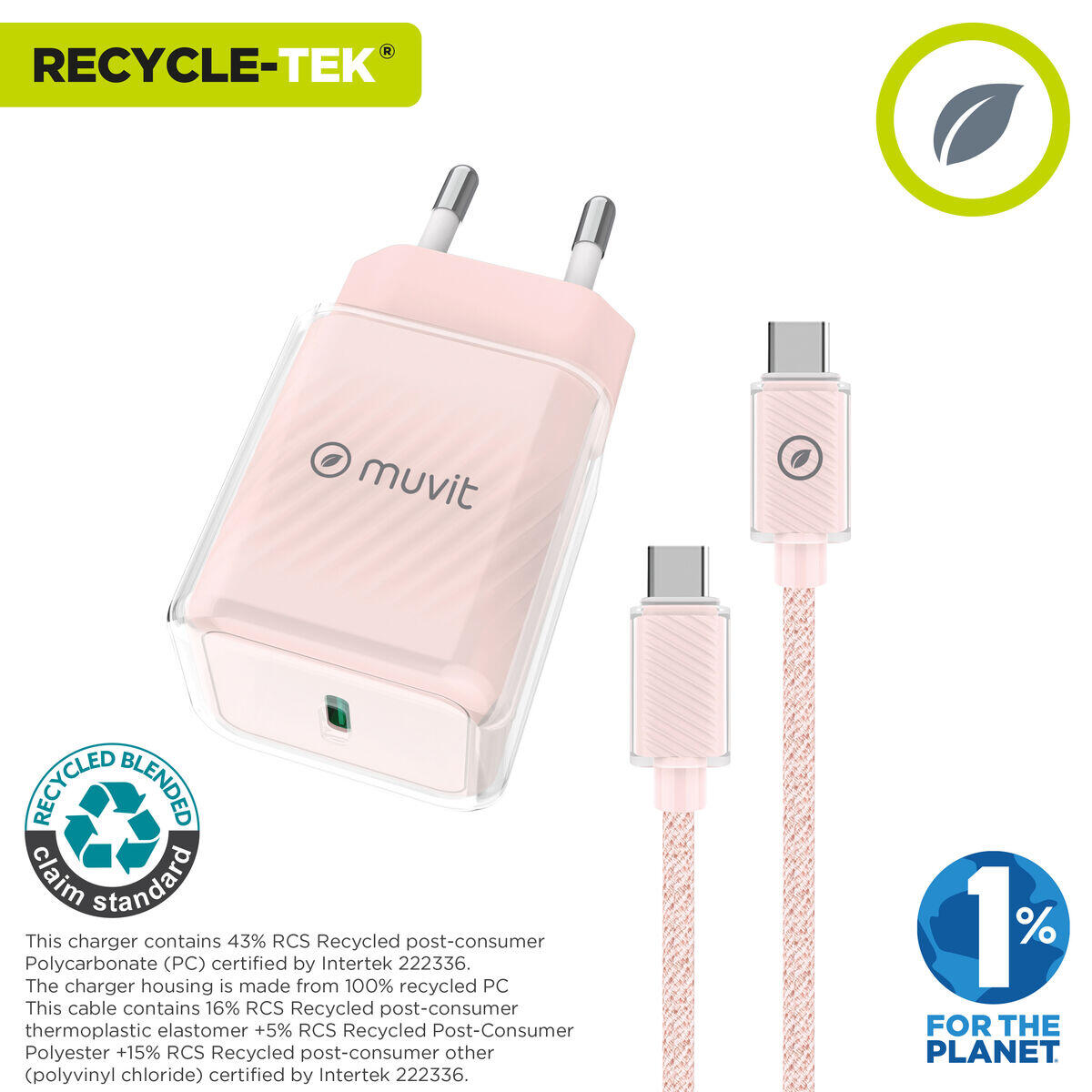 Cargador de Pared + Cable USB-C MUVIT FOR CHANGE  Glass GaN Rosa 3/5