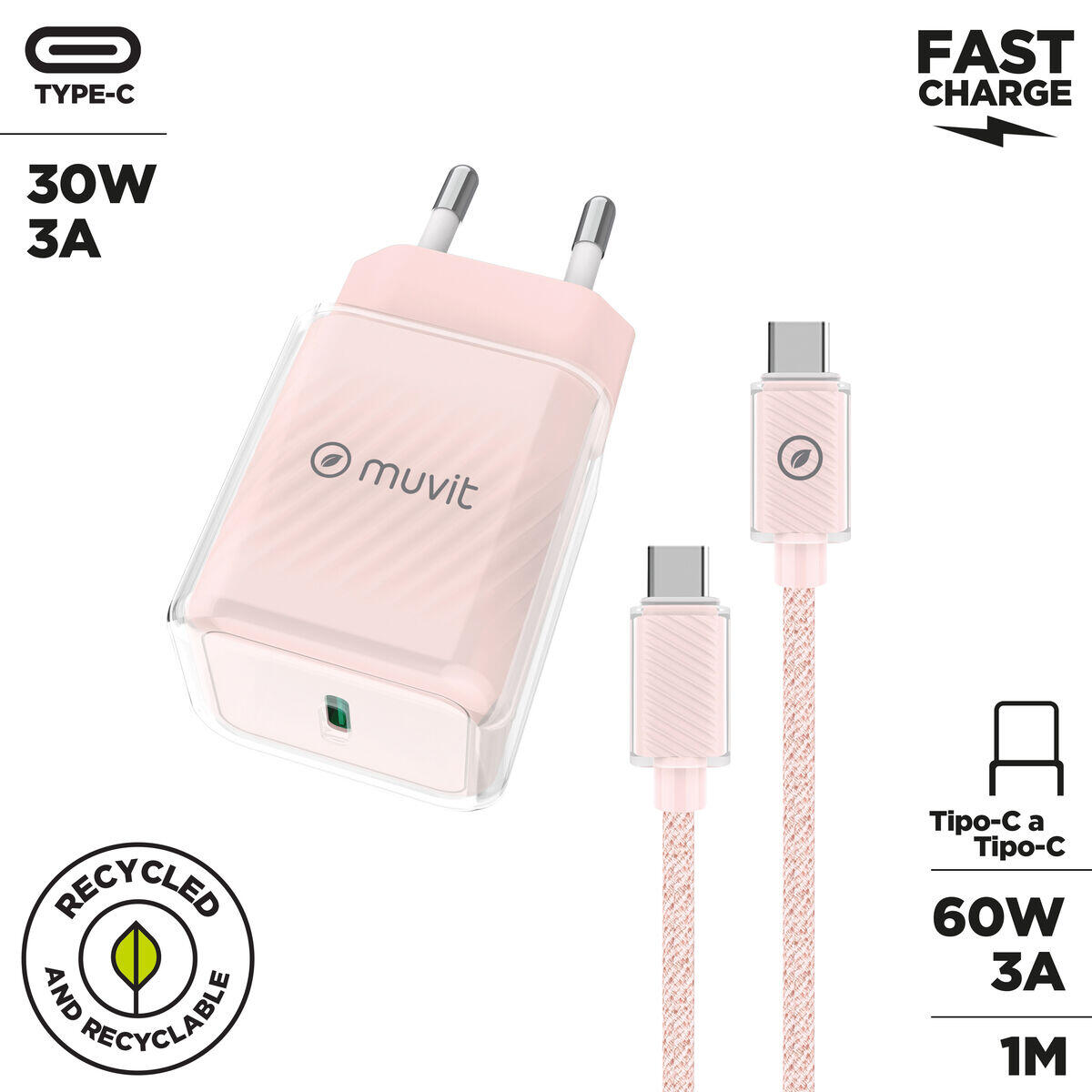 Cargador de Pared + Cable USB-C MUVIT FOR CHANGE  Glass GaN Rosa 2/5