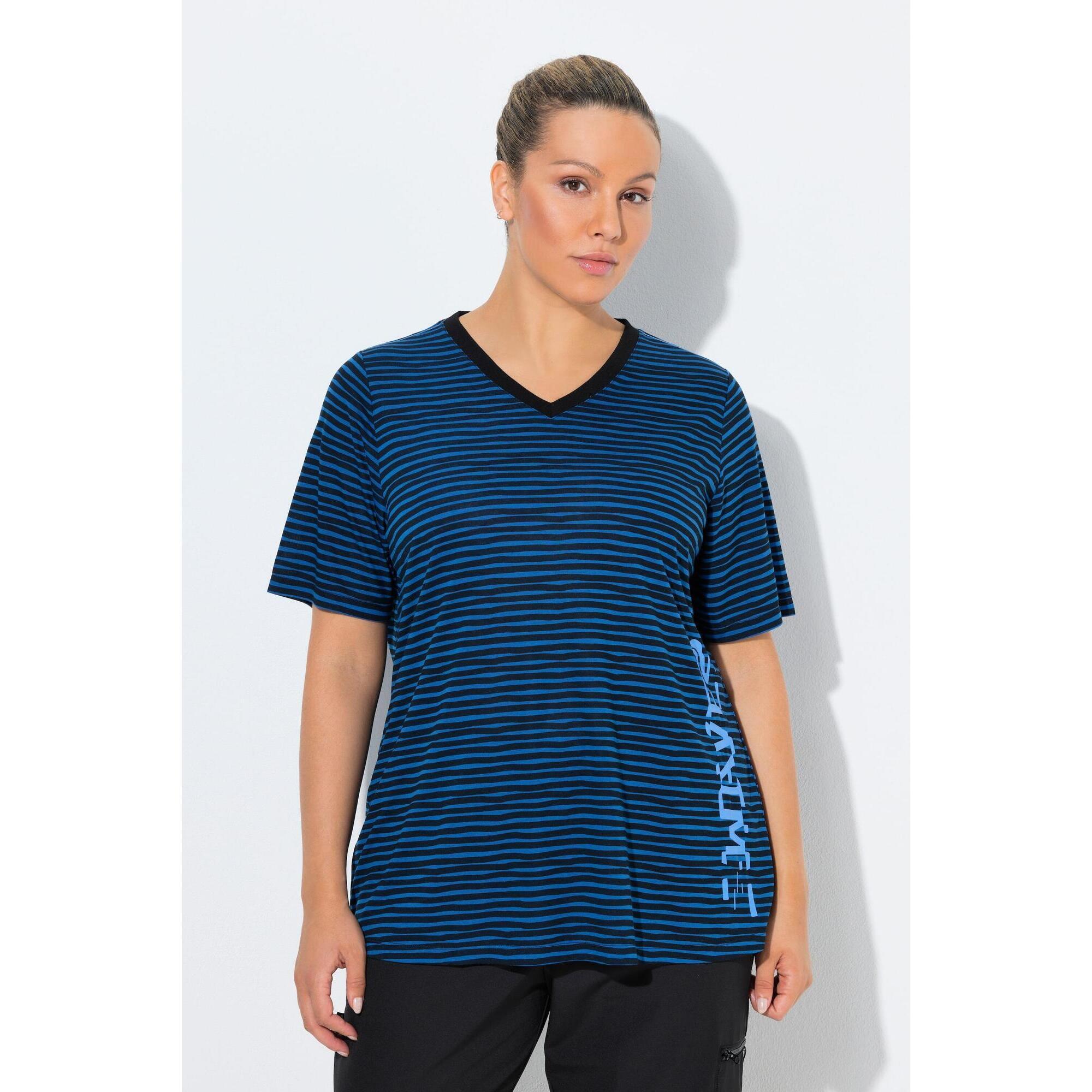 Ulla Popken - Femme T-shirt Technique Rayé Col En V Et Manches Courtes Coupe Classic Fit - T-shirt Manches Courtes - Bleu - Decathlon