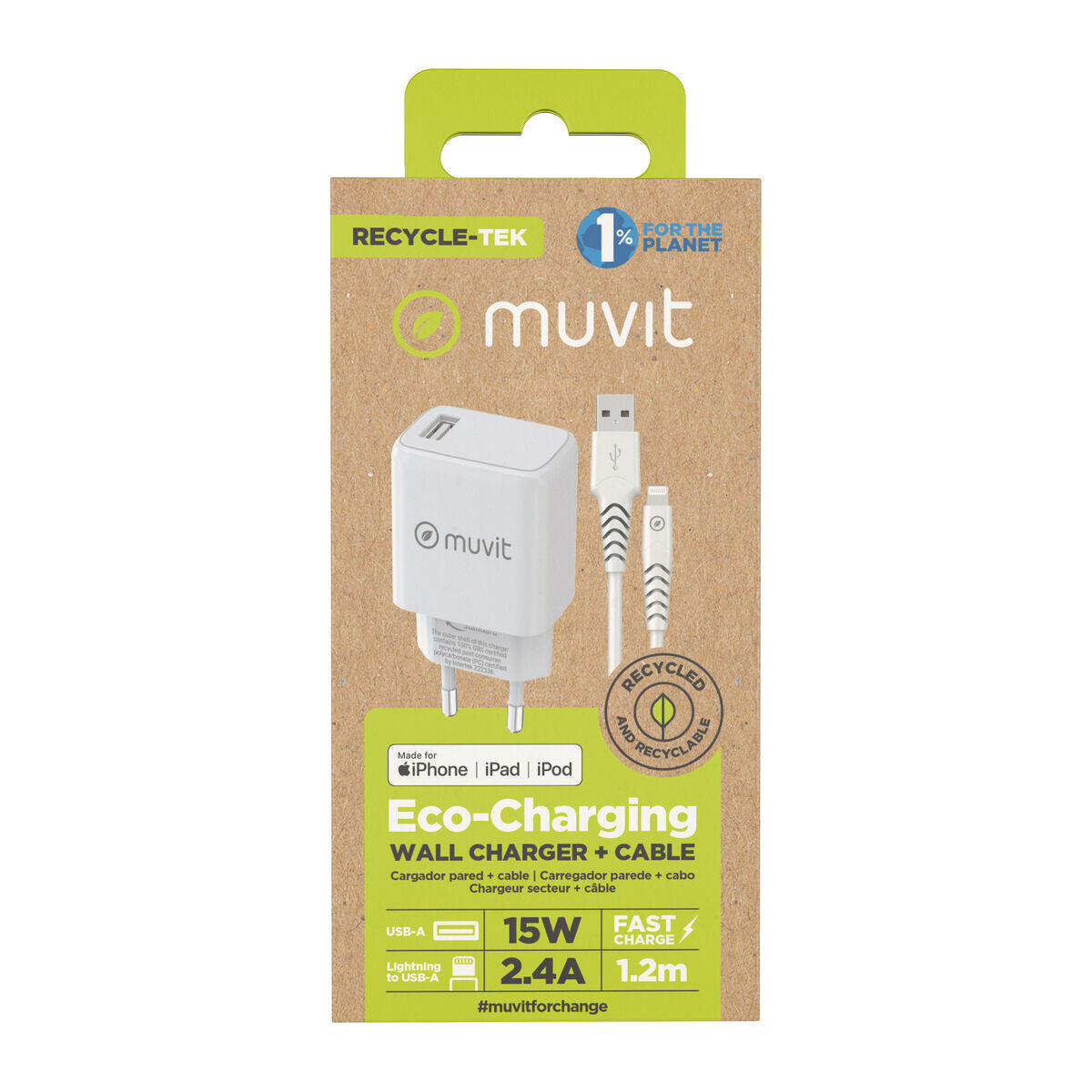 Cargador de Pared + Cable USB A a USB-C MUVIT FOR CHANGE Blanco 3/5