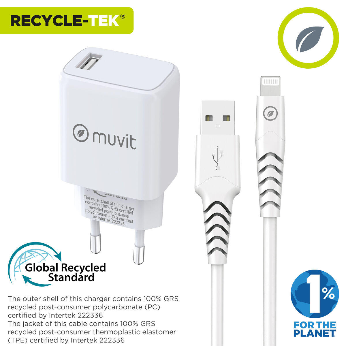 Cargador de Pared + Cable USB A a USB-C MUVIT FOR CHANGE Blanco 2/5