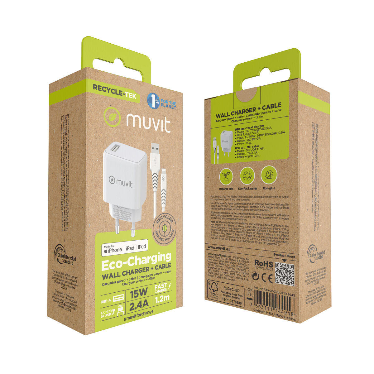 Cargador de Pared + Cable USB A a USB-C MUVIT FOR CHANGE Blanco 5/5
