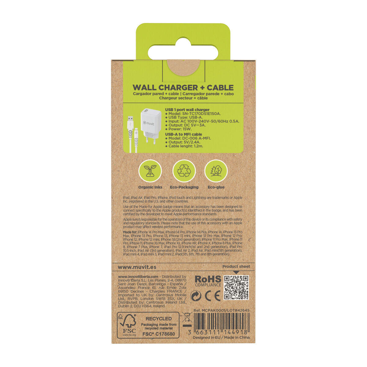 Cargador de Pared + Cable USB A a USB-C MUVIT FOR CHANGE Blanco 4/5