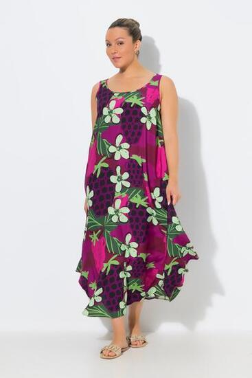 Damen Midikleid Blüten A-Linie Rundhals ärmellos