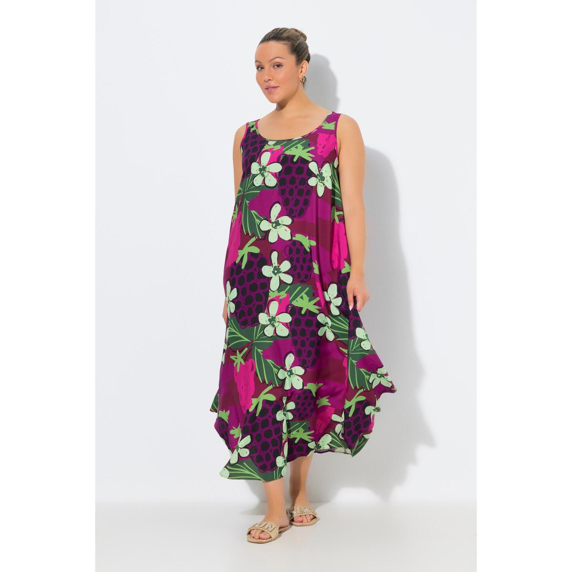 Ulla Popken - Femme Robe Midi Sans Manches Décolleté Rond Et Imprimé Floral Coupe Évasée - Robe - Rouge - Decathlon
