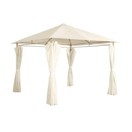 Pavillon 3 x 3 m Holzoptik Stoff ecru- Pergola mit Vorhängen Gartenpavillon