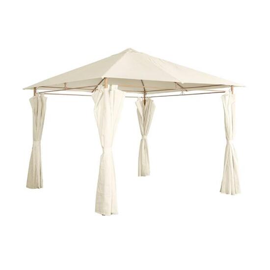 Pavillon 3 x 3 m Holzoptik Stoff ecru- Pergola mit Vorhängen Gartenpavillon