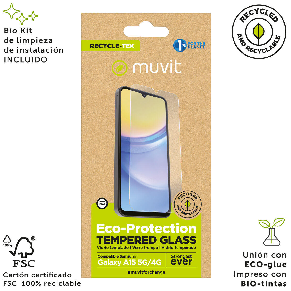 Protector de Pantalla para Móvil MUVIT FOR CHANGE Galaxy A15 4G/5G Vidrio templa 3/5