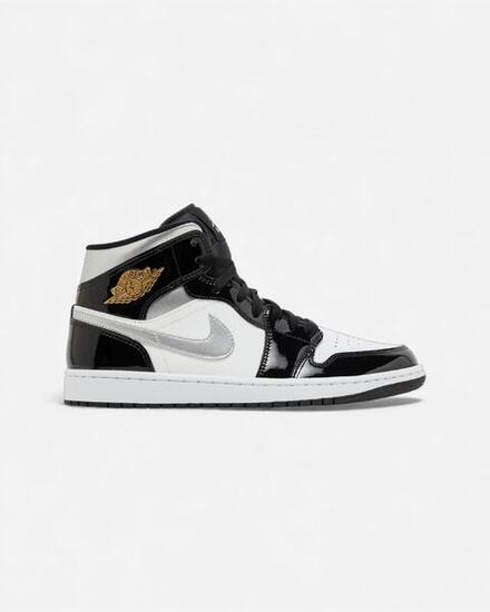 Jordan 1 Mid SE Patent Black White Metallic Silver Metallic Gold