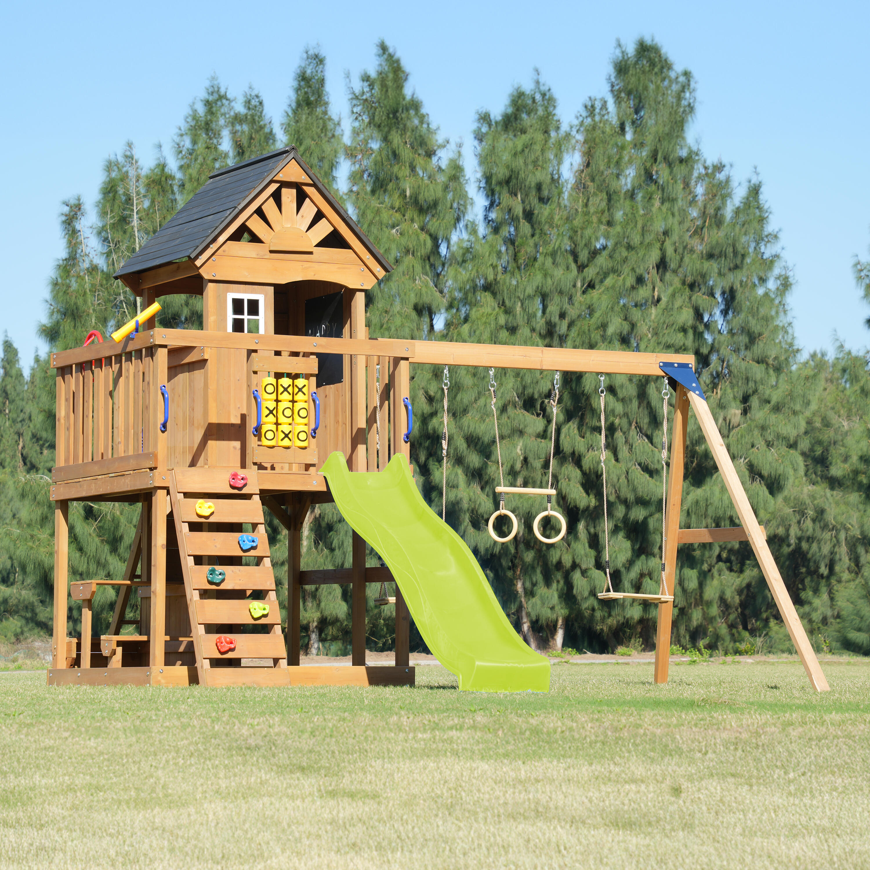 Parque Infantil Jack con columpio doble y trapecio marrón - tobogán verde 3/7