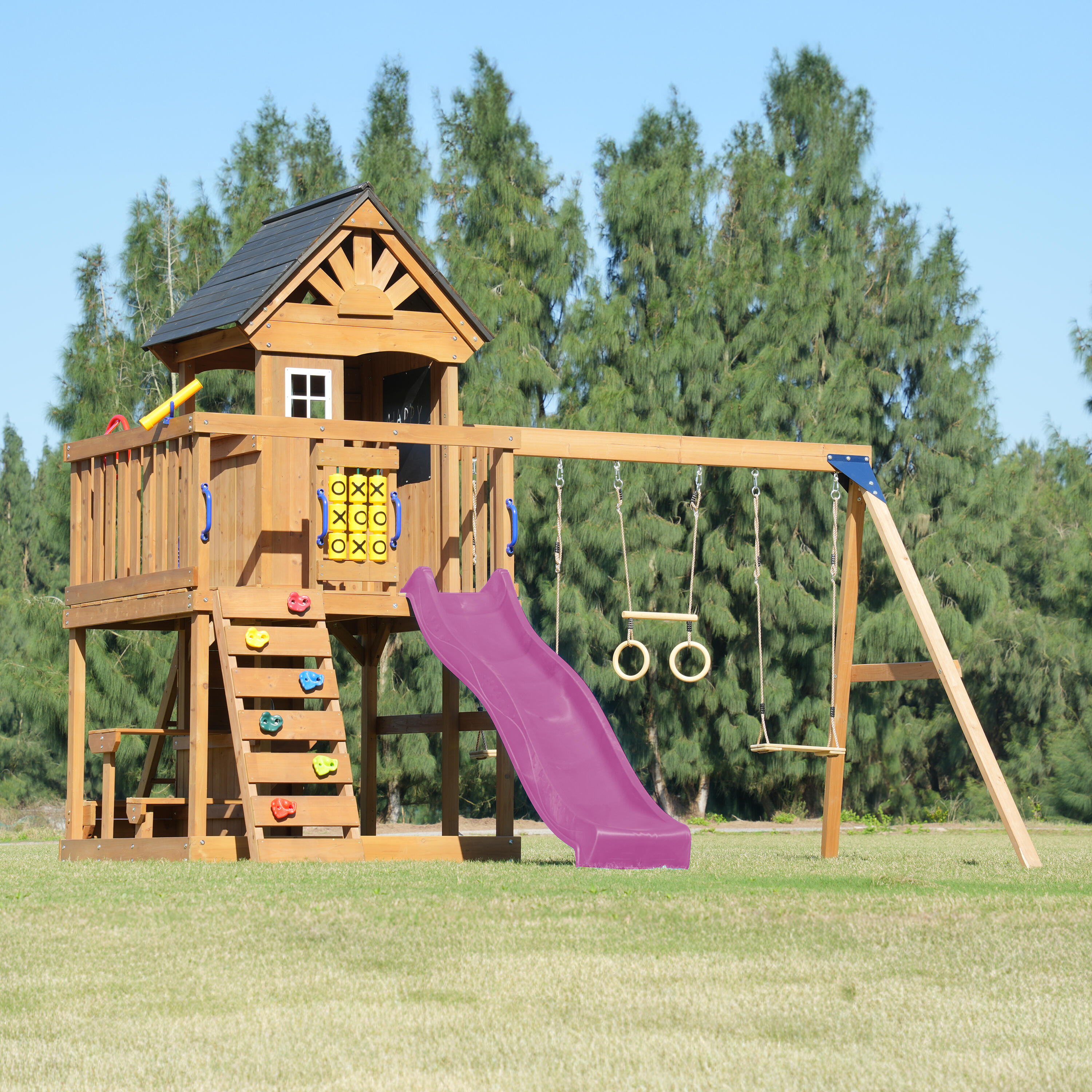 Parque Infantil Jack con columpio doble y trapecio marrón - tobogán violeta 3/7