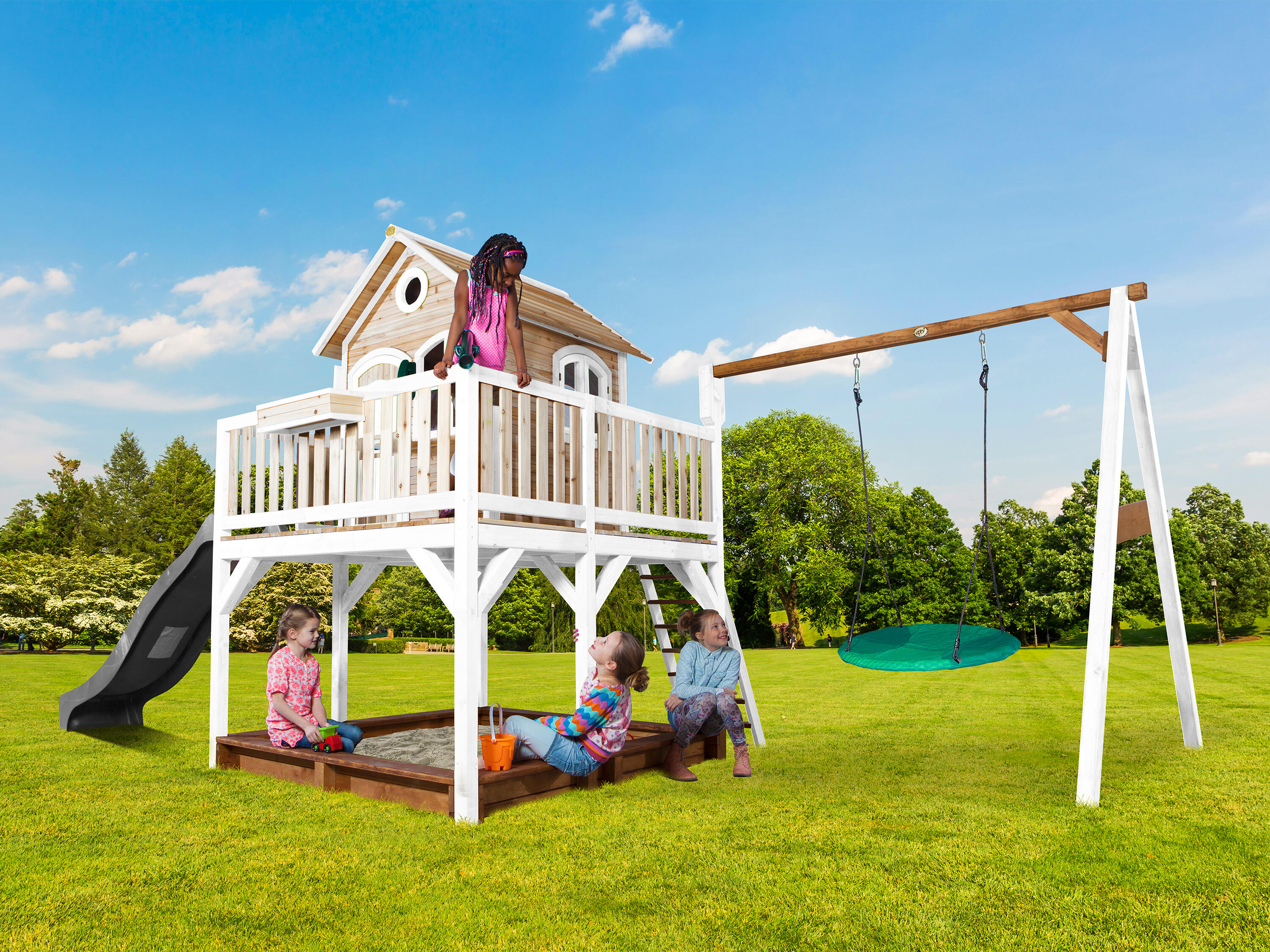 Casetta da giardino per bambini Liam, sabbiera, altalena a nido, scivolo grigio 3/7