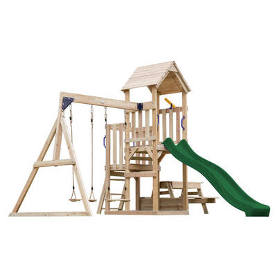 Mette speeltoestel met dubbele schommel van fsc-hout, glijbaan blauw