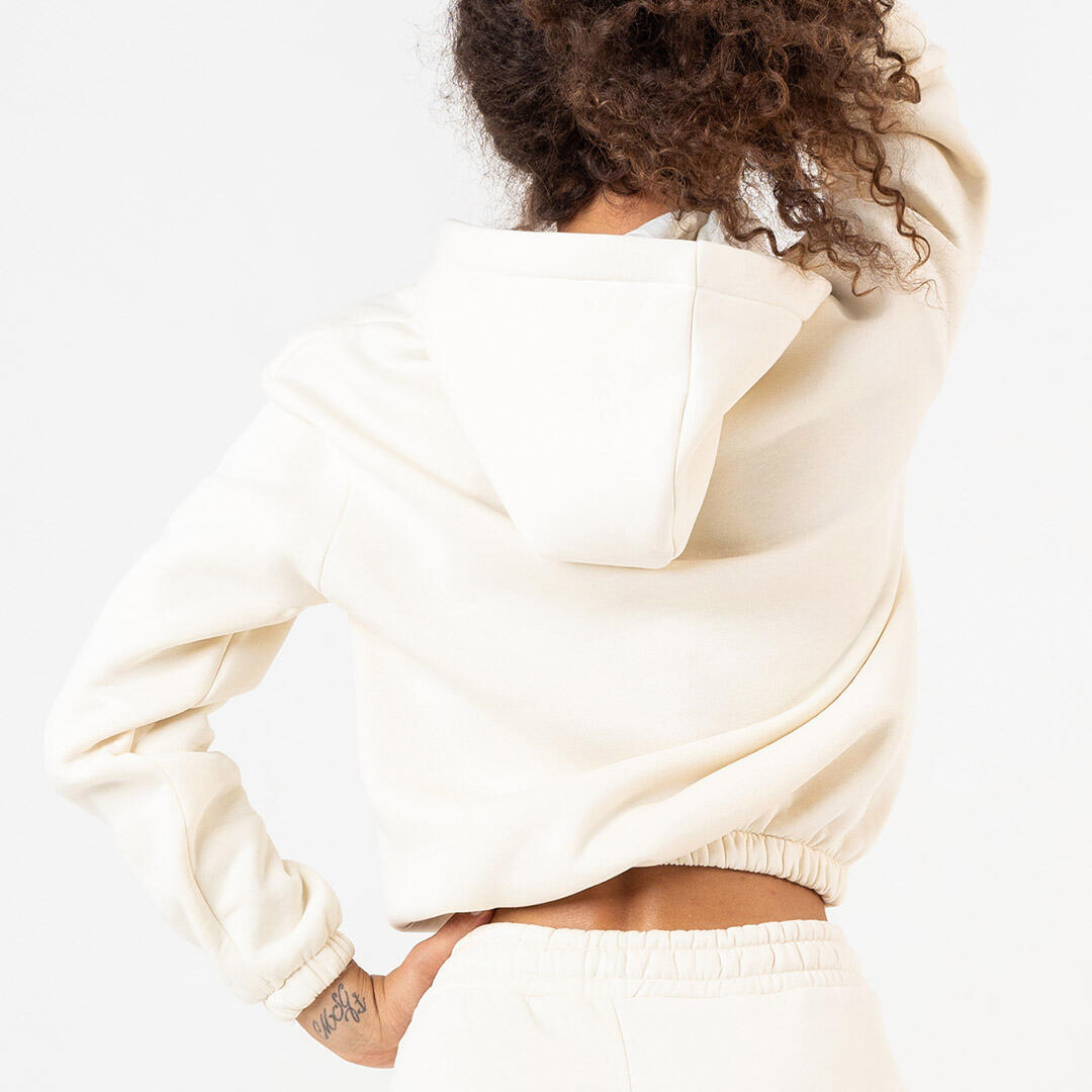 Felpa donna crop cotone felpato cappuccio per allenamento tempo libero Crema 4/5