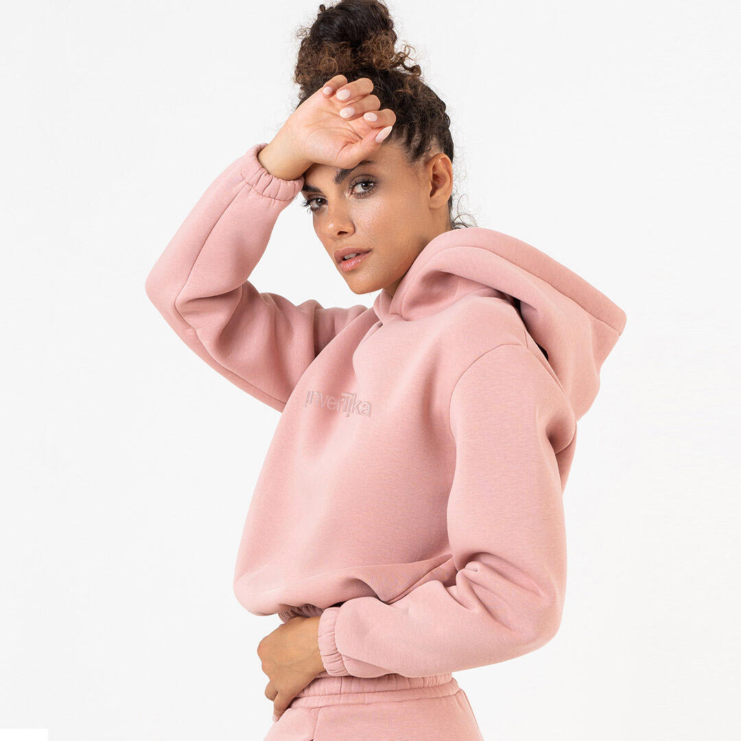 Felpa donna crop cotone felpato cappuccio pre post allenamento tempo libero Rosa 5/5