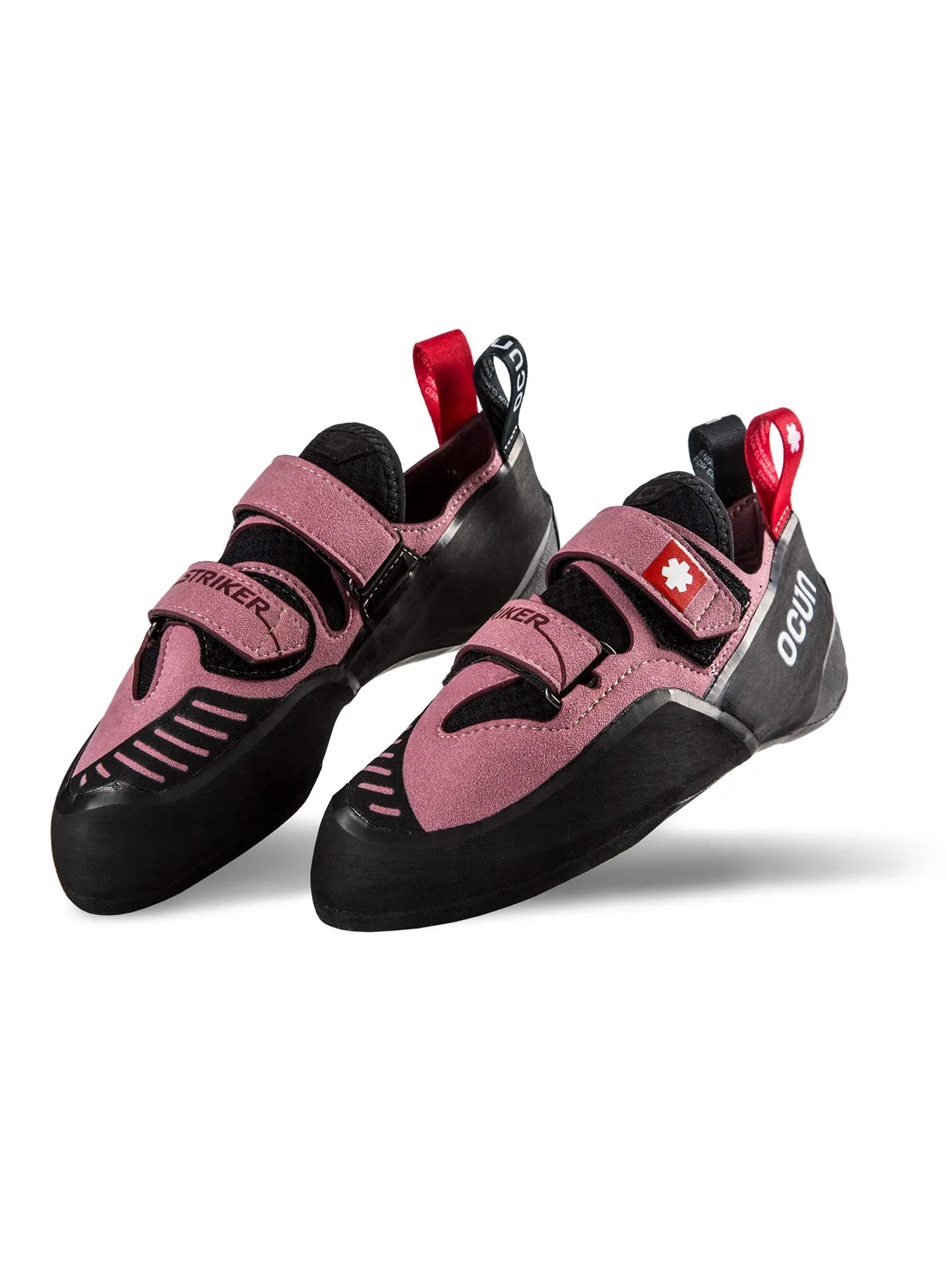 Chaussure escalade Ocún Striker QC vin/rose microfibre semelle CAT 4mm Velcro 3/4