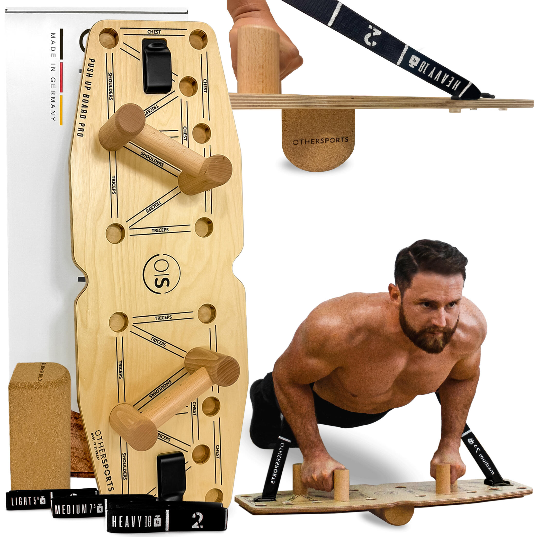 Push up Board Pro 3 - Liegestütze Brett aus Holz mit Korkhalbrolle & Bändern 1/8