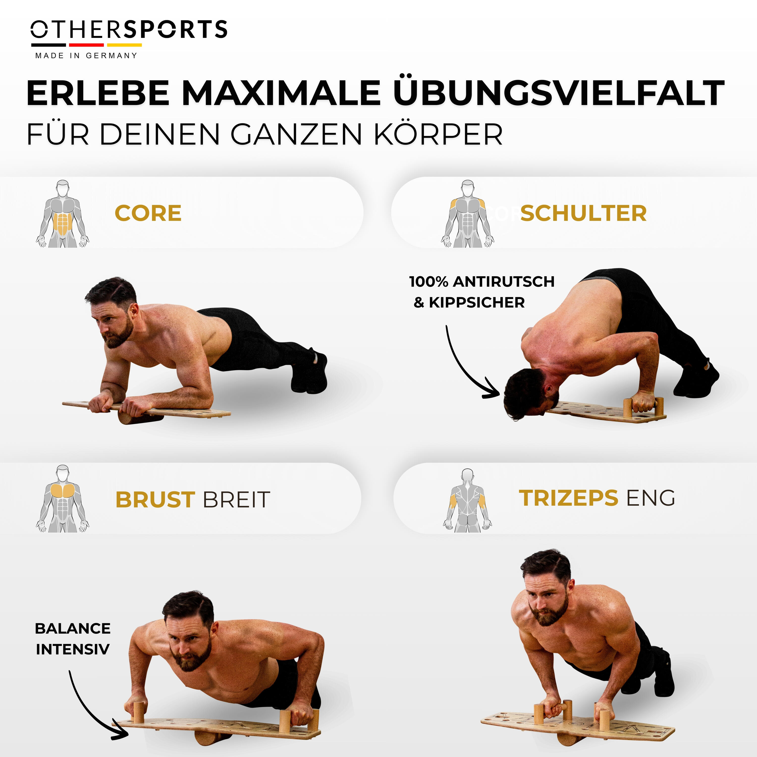 Push up Board Pro 3 - Liegestütze Brett aus Holz mit Korkhalbrolle & Bändern 4/8