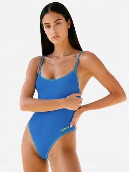 costume da piscina arancione fluo e blu da donna in mat. sintetico da nuoto