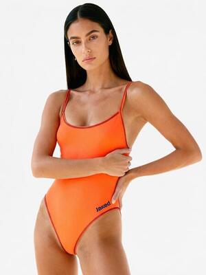 costume da piscina arancione fluo e blu da donna in mat. sintetico da nuoto