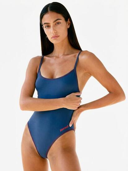 costume da piscina arancione fluo e blu da donna in mat. sintetico da nuoto