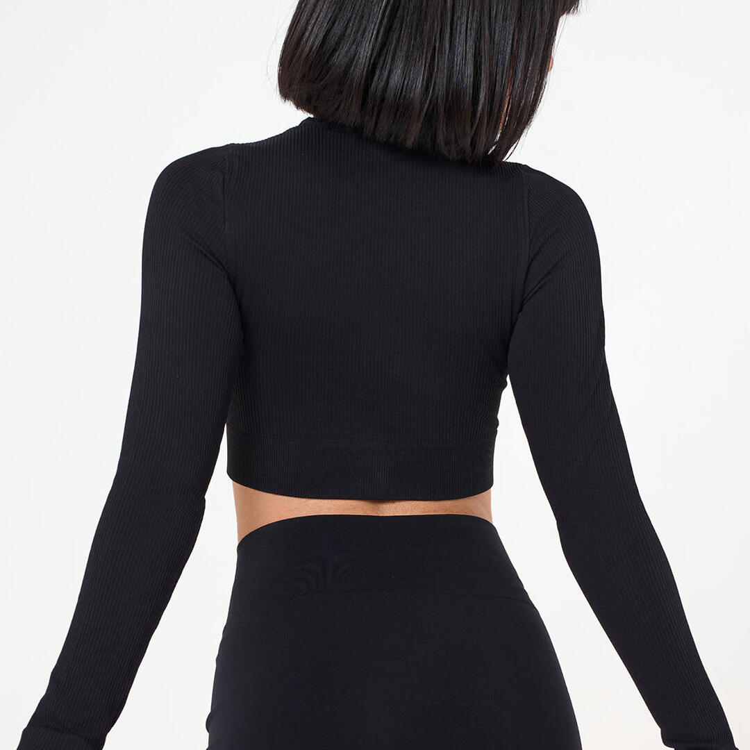 Crop top donna scollo rotondo senza cuciture allenamento tempo libero Nero 3/5