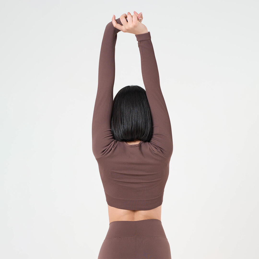 Crop Top donna scollo rotondo senza cuciture allenamento tempo libero Marrone 3/4