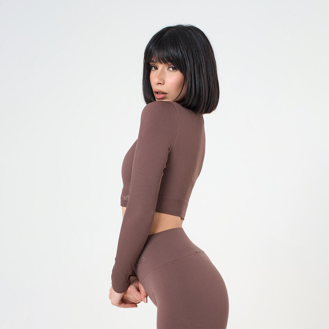 Crop Top donna scollo rotondo senza cuciture allenamento tempo libero Marrone 2/4