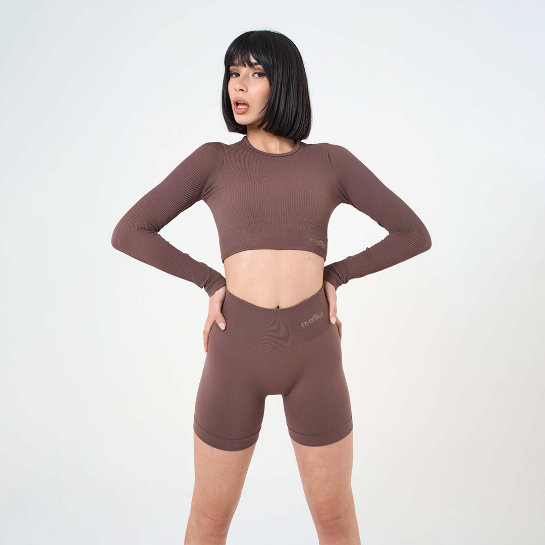 Crop Top donna scollo rotondo senza cuciture allenamento tempo libero Marrone 4/4
