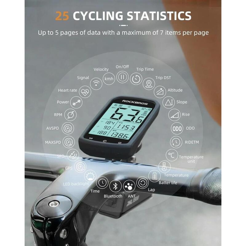 Ciclocomputer RockBros wireless GPS, ANT+, IPX6, LCD 2,9 inci, 35 ore.