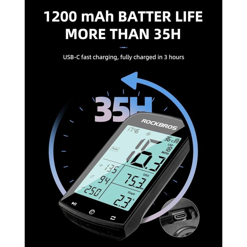 Ciclocomputer RockBros wireless GPS, ANT+, IPX6, LCD 2,9 inci, 35 ore.