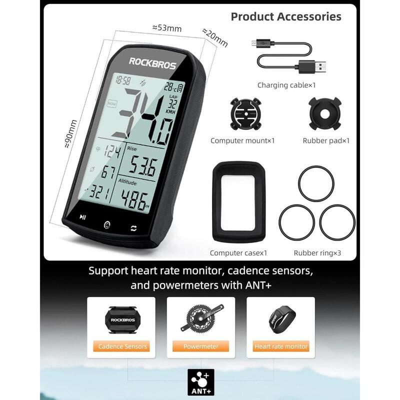 Ciclocomputer RockBros wireless GPS, ANT+, IPX6, LCD 2,9 inci, 35 ore.