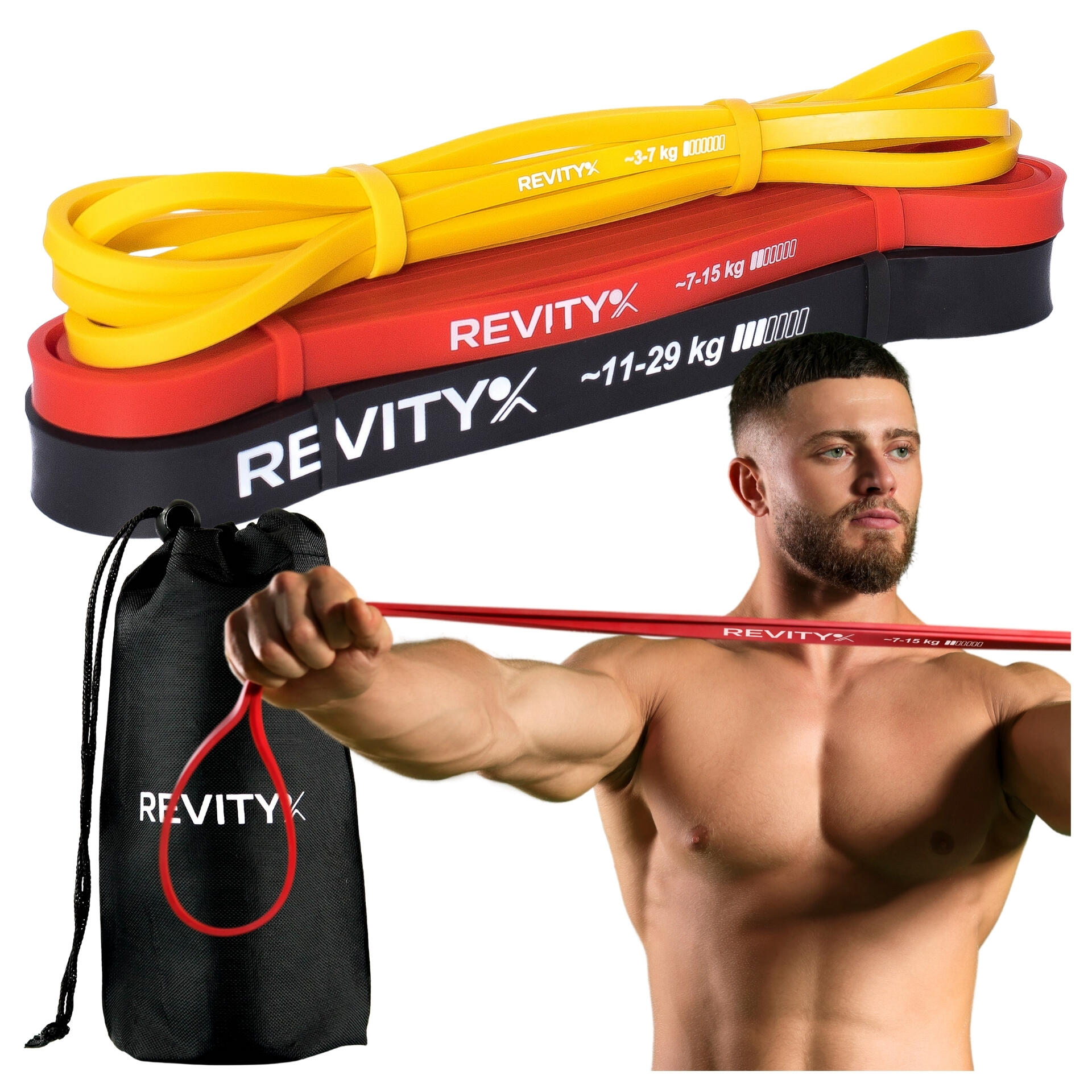REVITY Sada 3 posilovacích odporových gum na cvičení Power Bands 3-29 kg cvičební plán