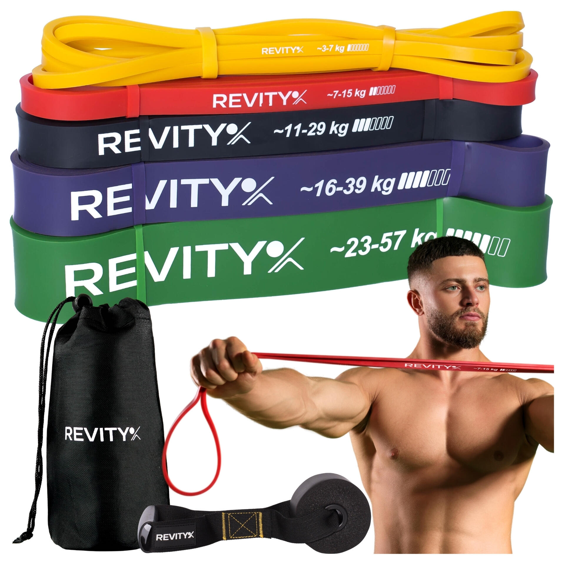 REVITY Sada 5 posilovacích odporových gum na cvičení Power Bands 3-57 kg cvičební plán