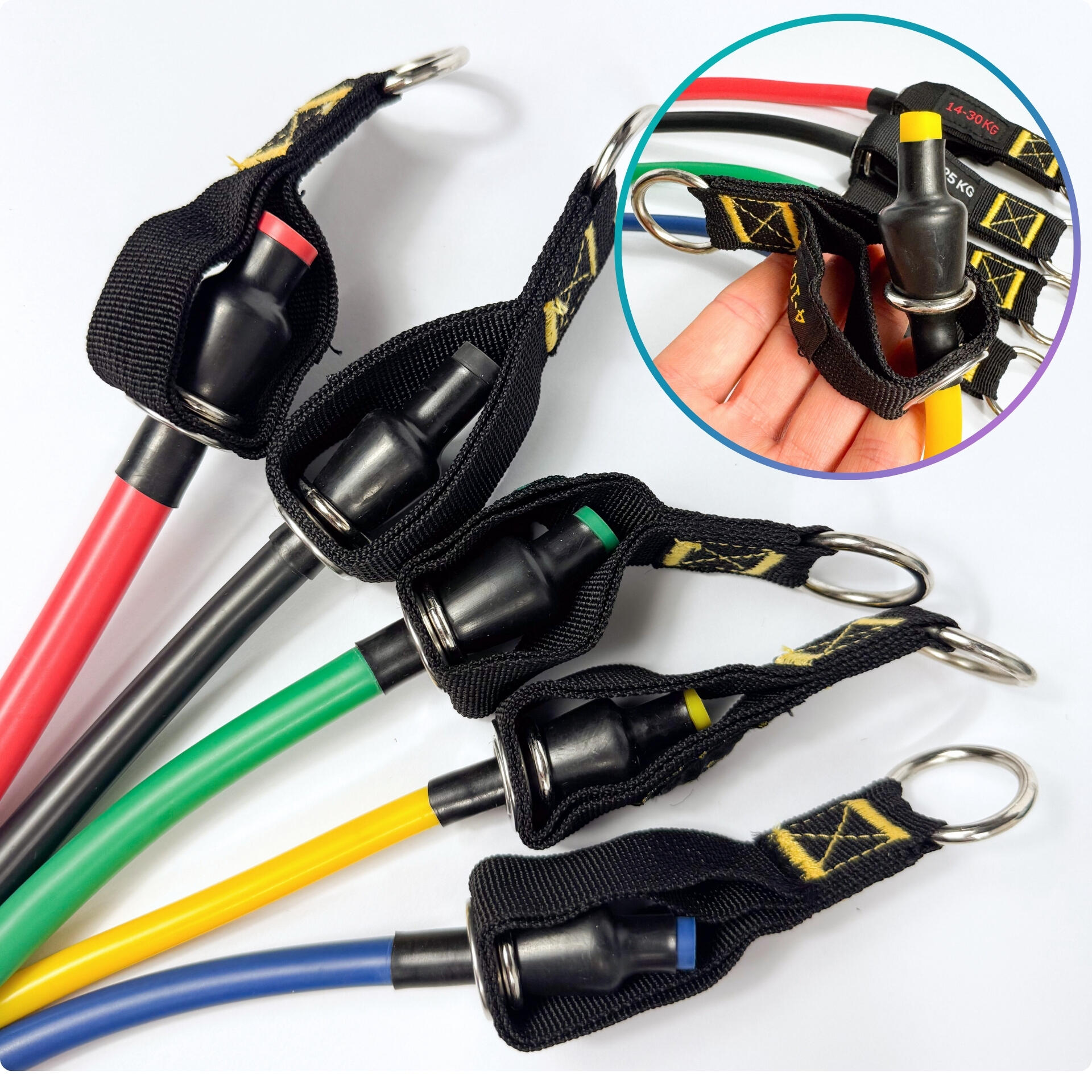 Sada 5 posilovacích odporových gum Workout Bands-s příslušenstvím, cvičební plán 7/7