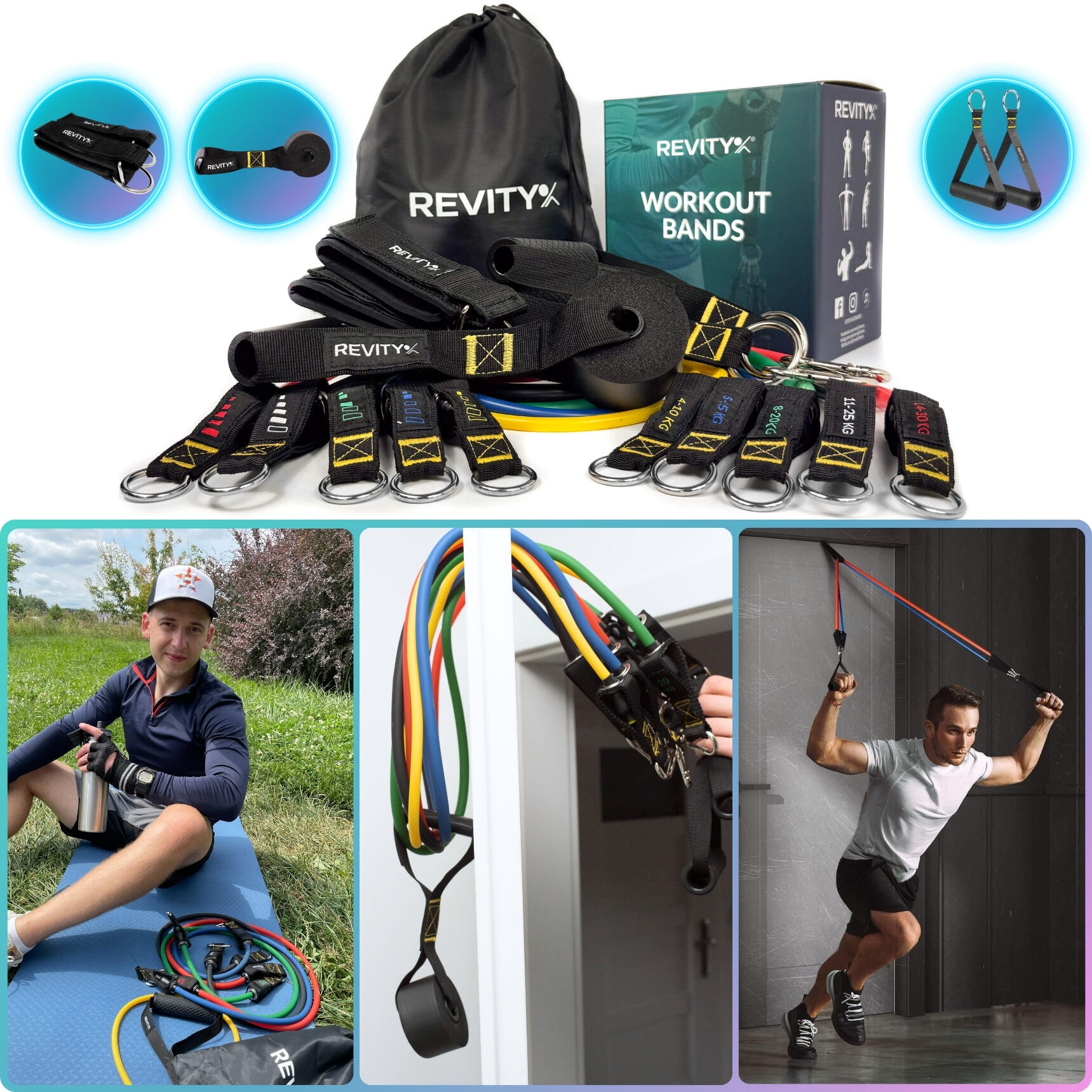 Sada 5 posilovacích odporových gum Workout Bands-s příslušenstvím, cvičební plán 5/7